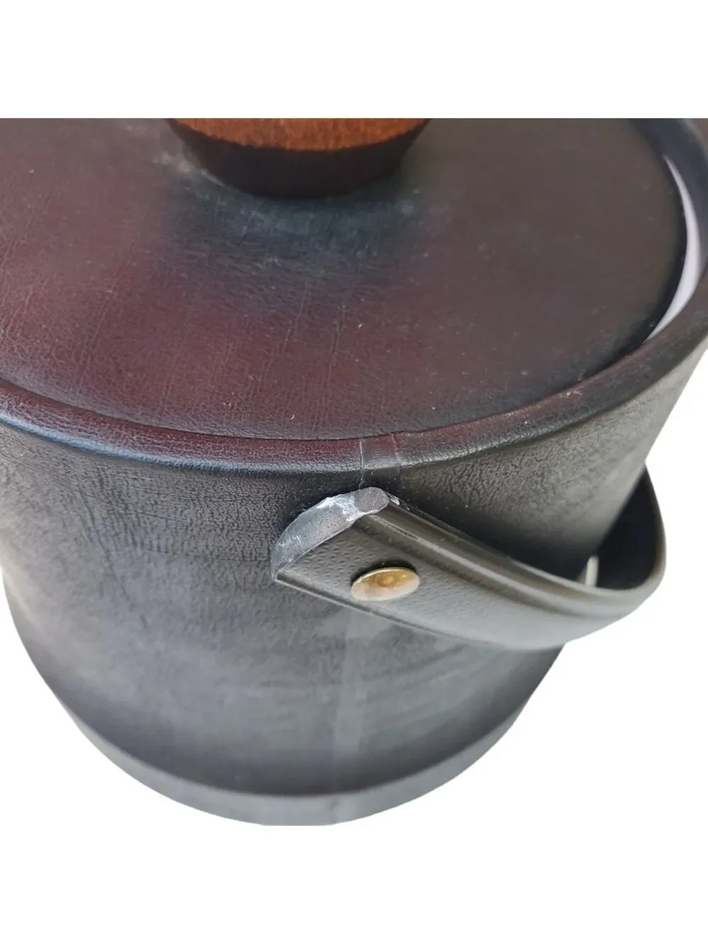 Vintage MCM faux leather Ice bucket with Lid and tongs